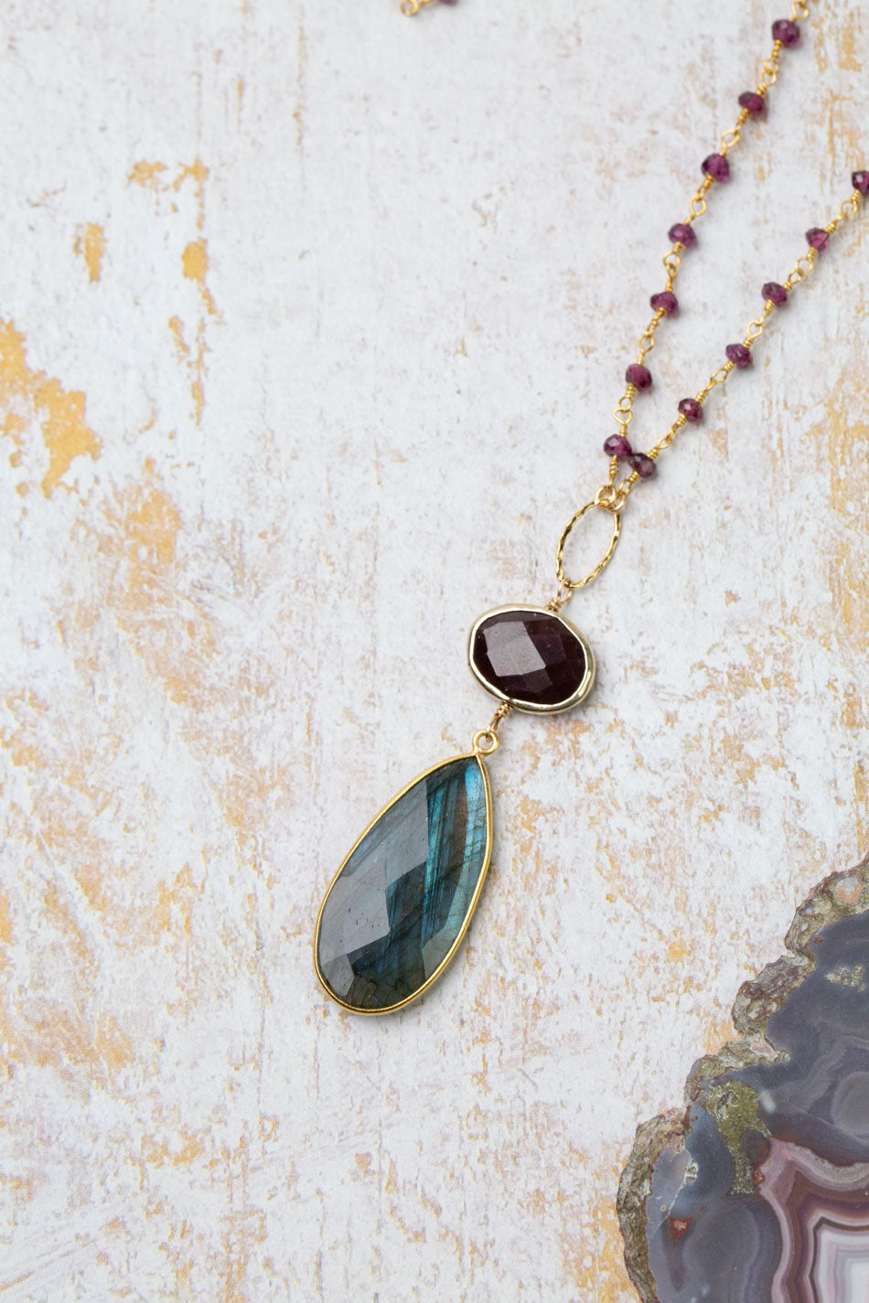 Holly 24.5-26.5" Labradorite Bezel With Garnet Statement Necklace