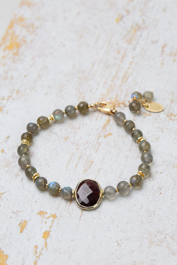 Holly 7.5-8.5" Labradorite With Gold Plated Faceted Garnet Oval Simple Bracelet