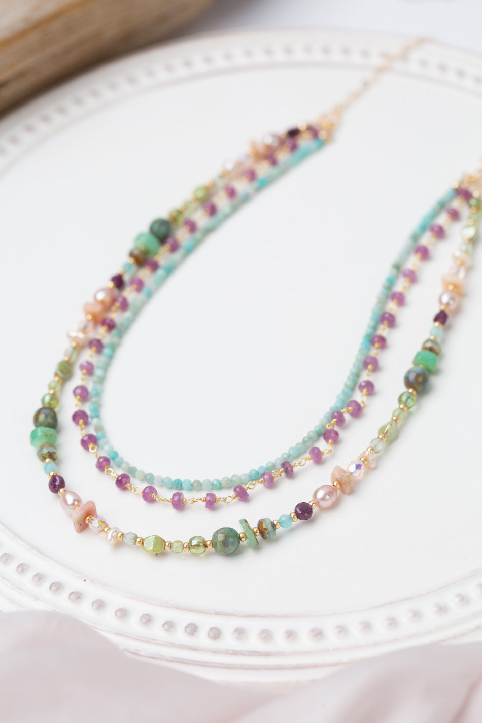 Hope 23-25" Amazonite, Pearl, Ruby Multistrand Necklace