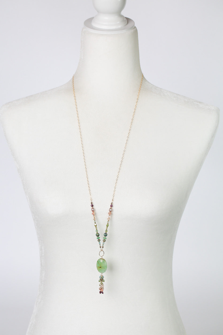 Hope 31-33" Czech Glass, Pearl, Ruby With Chrysoprase Cluster Necklace