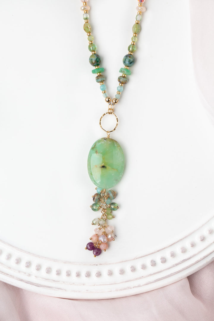 Hope 31-33" Czech Glass, Pearl, Ruby With Chrysoprase Cluster Necklace