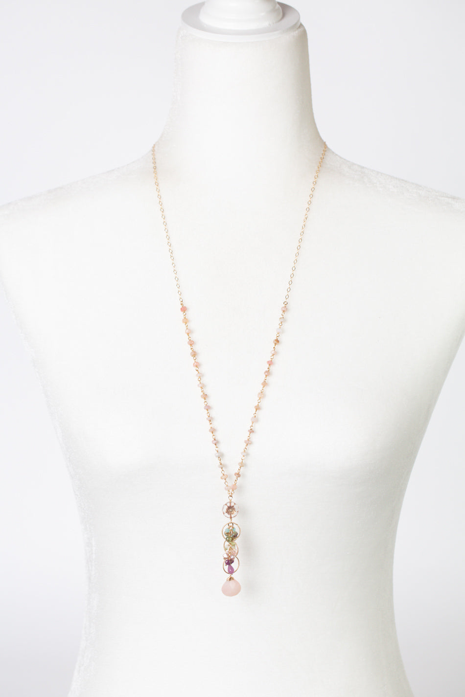 Hope 28.5-30.5" Pearl, Ruby, Czech Glass With Pink Opal Cluster Necklace