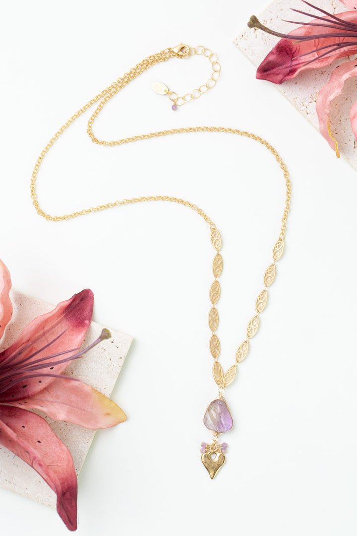 Joy 25.5-27.5" Amethyst Herringbone Heart Statement Necklace