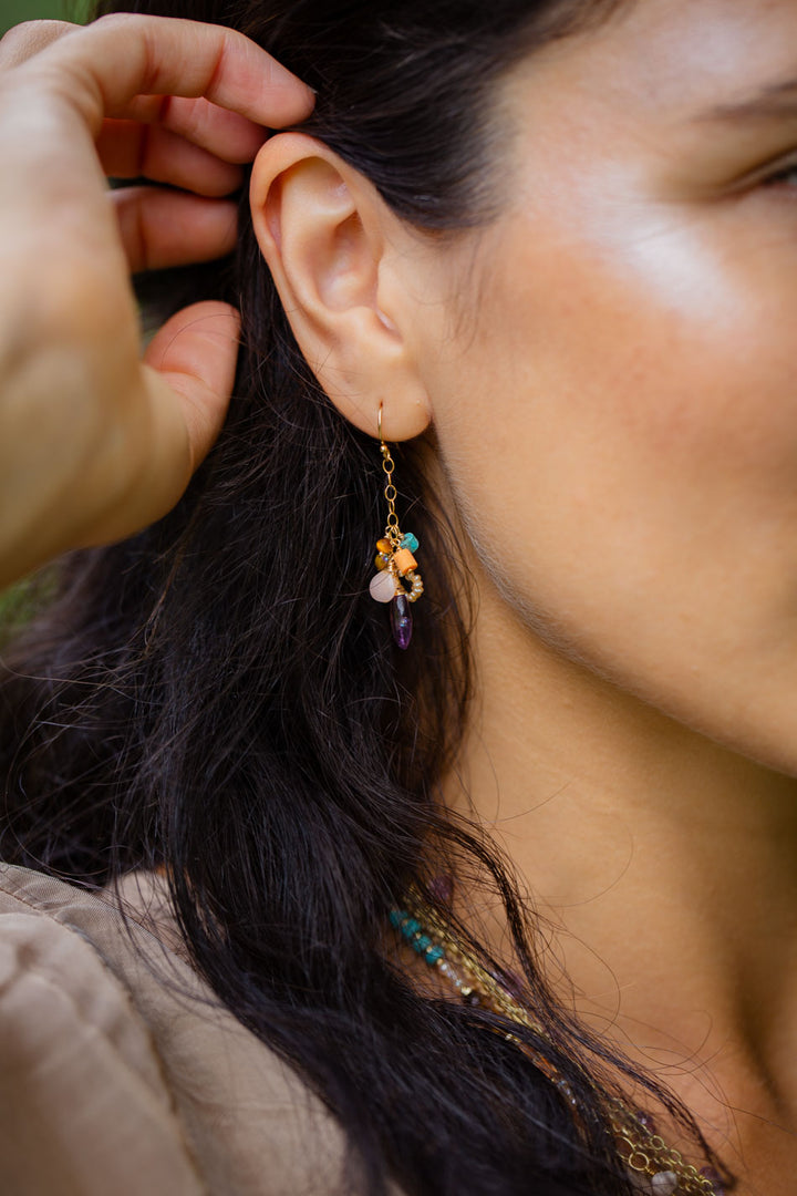 Joy Amethyst Briolette, Turquoise, Pink Opal Cluster Earrings