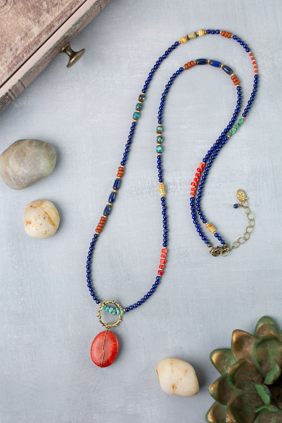 Love One Another 31.5-33.5" Turquoise, Lapis, Red Coral Statement Necklace