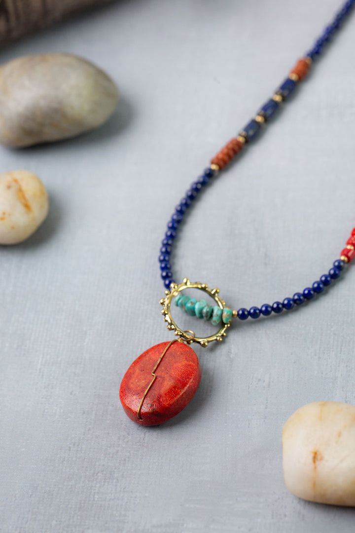 Love One Another 31.5-33.5" Turquoise, Lapis, Red Coral Statement Necklace
