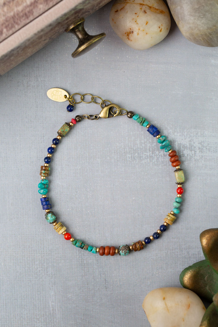 Love One Another 7.5-8.5" Lapis, Turquoise, Red Coral Collage Bracelet