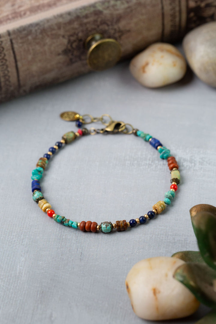 Love One Another 7.5-8.5" Lapis, Turquoise, Red Coral Collage Bracelet
