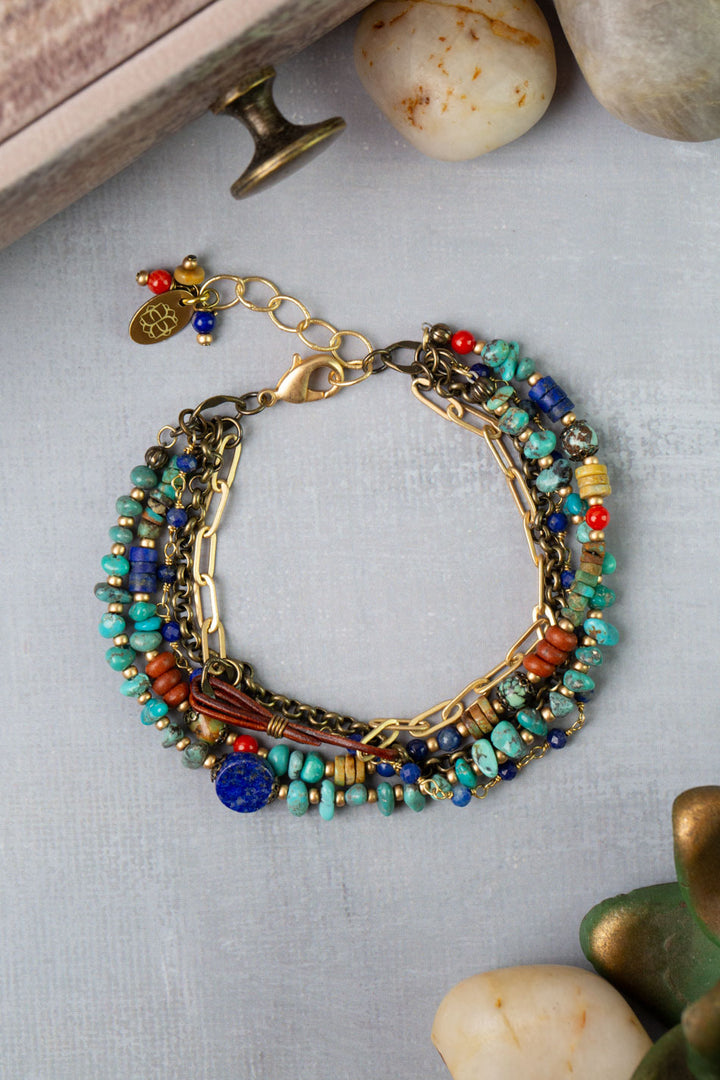 Love One Another 7.5-8.5" Lapis, Turquoise, Red Coral Multistrand Bracelet