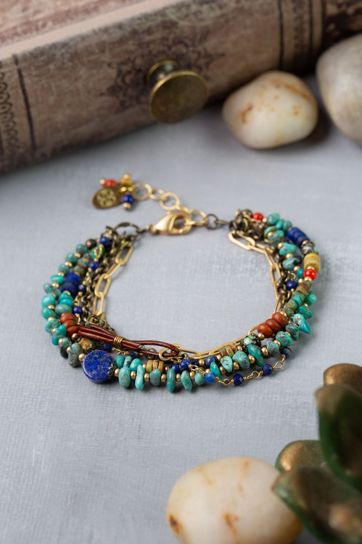 Love One Another 7.5-8.5" Lapis, Turquoise, Red Coral Multistrand Bracelet