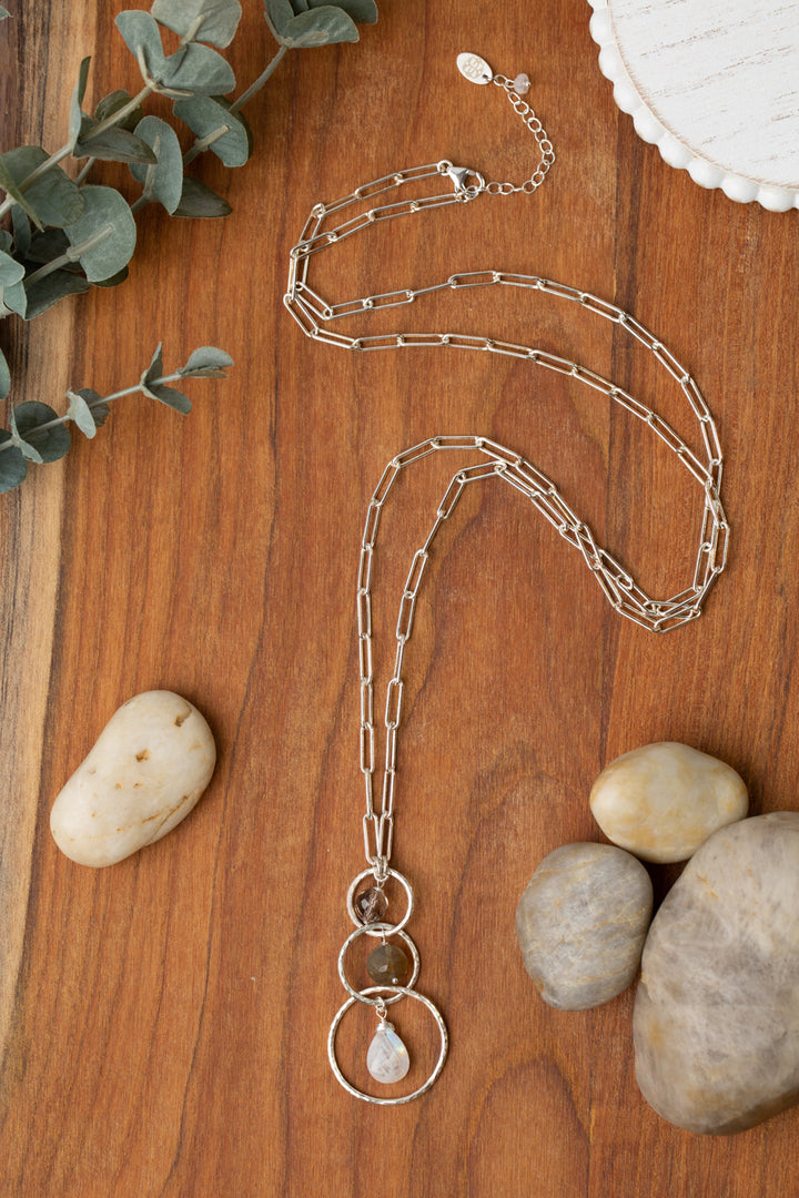 Limited 32-34" Labradorite, Smoky Quartz With Rainbow Moonstone Tassel Necklace