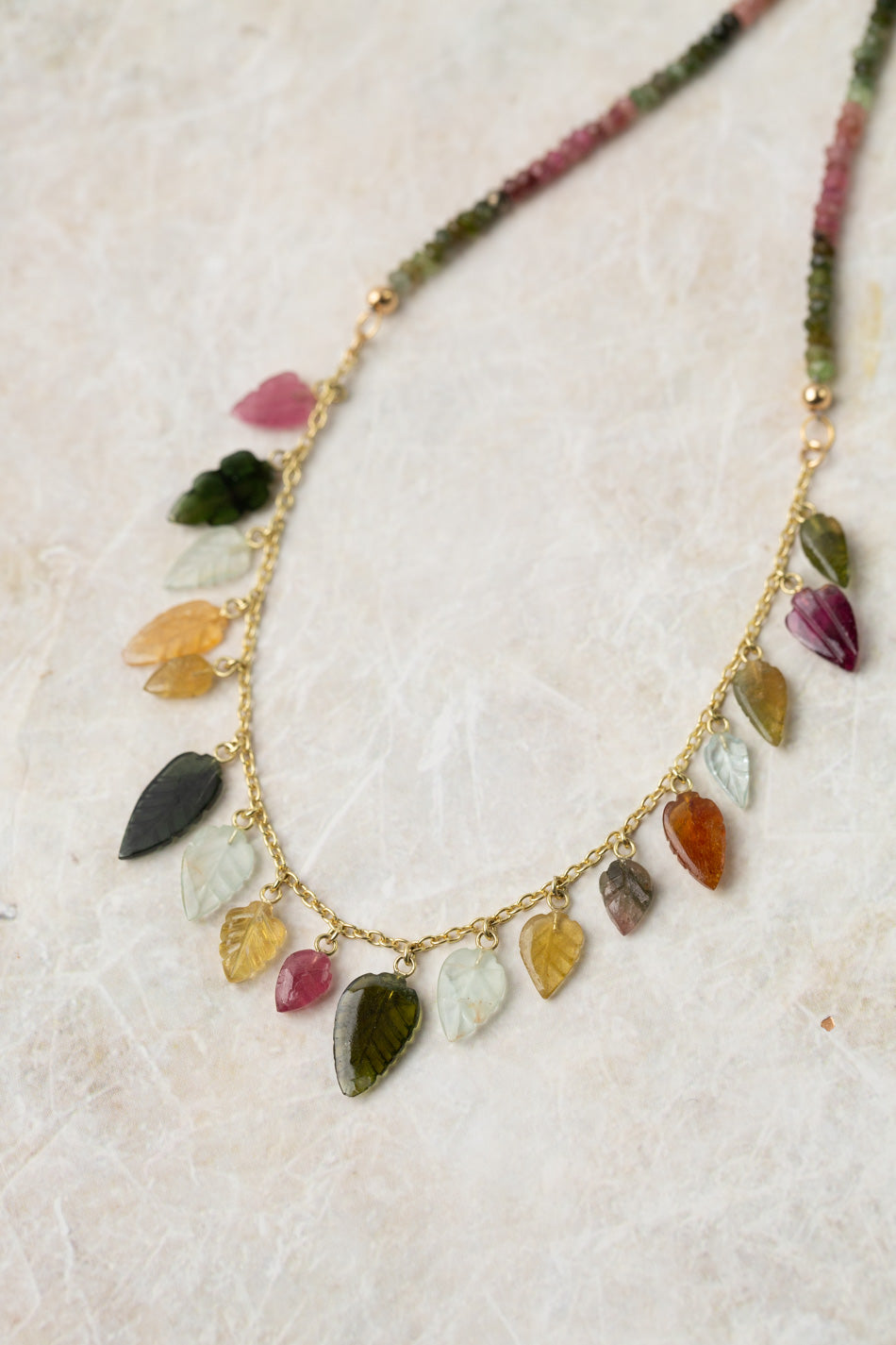 Limited Edition 16.25-18.25" Tourmaline Carved Leaves Simple Necklace