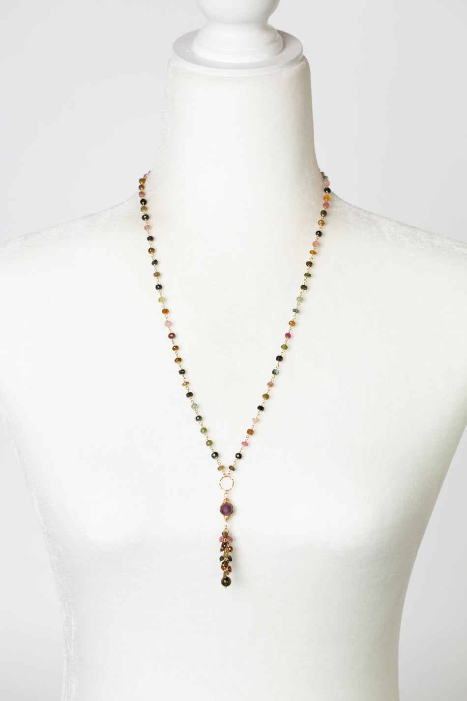 Limited Edition 23.5-25.5" Herringbone Faceted Ruby Focal With Tourmaline Dangles Cluster Necklace