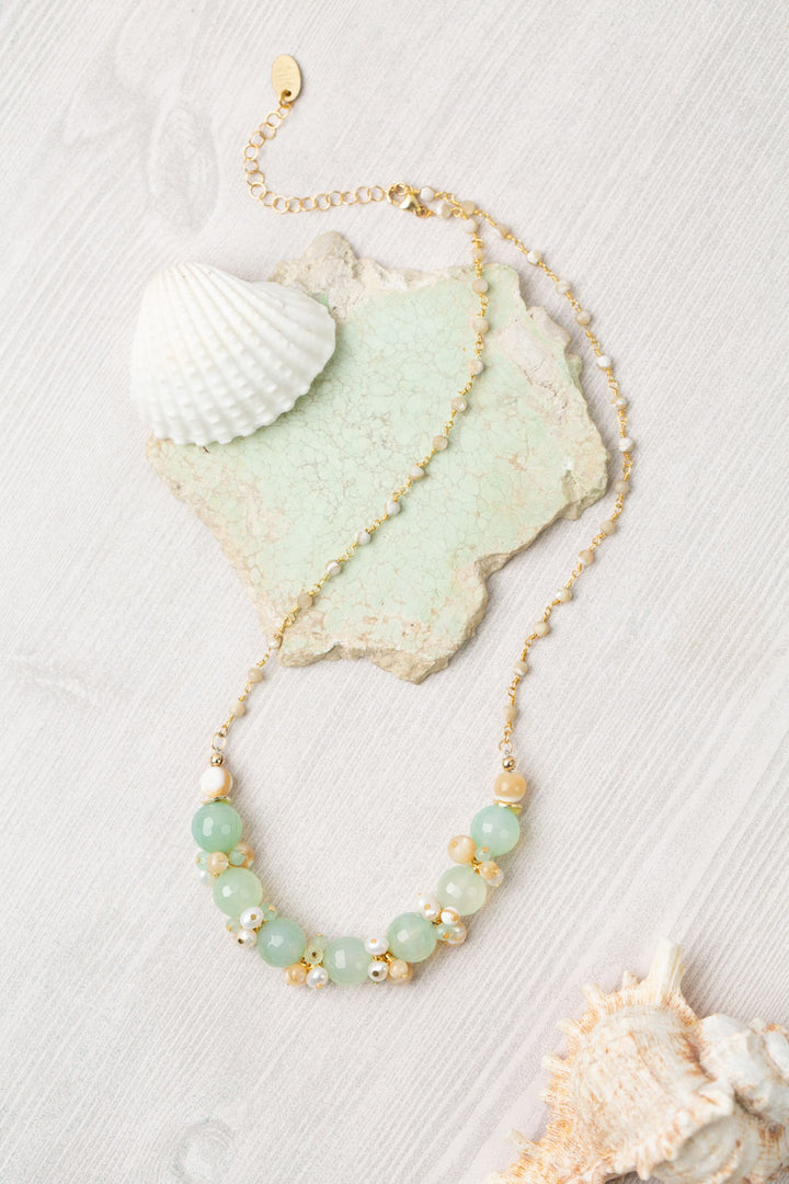 One Of A Kind 16.25-18.25" Seafoam Green Faceted Chalcedony, Mother Of Pearl, Freshwater Pearl Cluster Necklace