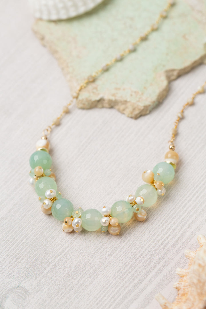 One Of A Kind 16.25-18.25" Seafoam Green Faceted Chalcedony, Mother Of Pearl, Freshwater Pearl Cluster Necklace