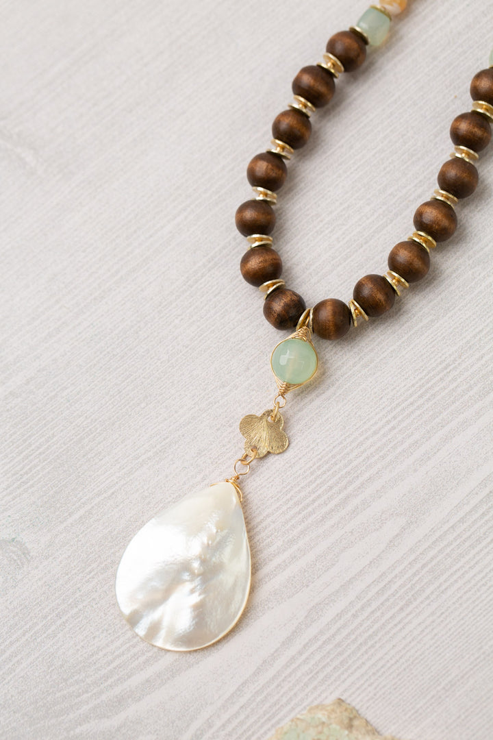 Limited Edition 25.25-27.25" Faceted Chalcedony With Brushed Gold Clover & Large Mother Of Pearl Smooth Teardrop Statement Necklace