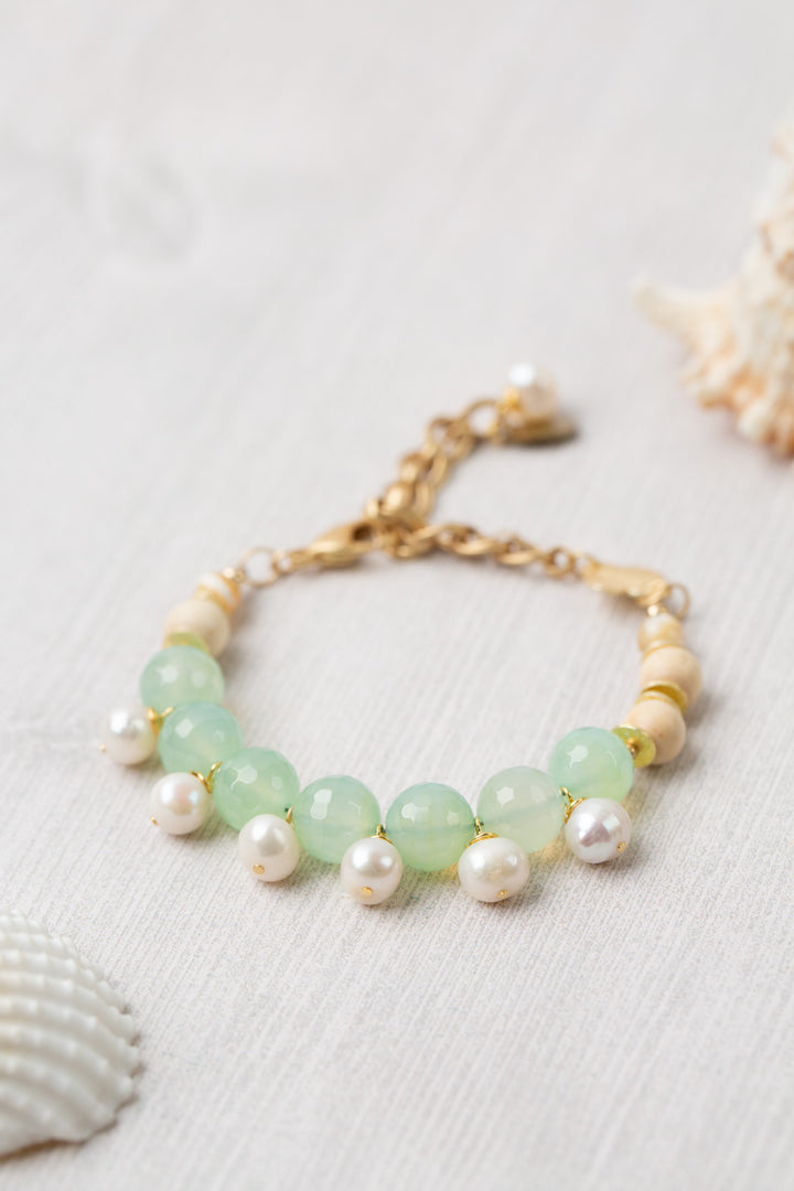 Limited Edition 6.5-8.5" Freshwater Pearl, Faceted Chalcedony, Mother Of Pearl Simple Bracelet