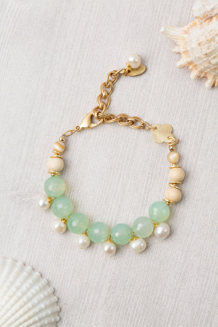 Limited Edition 6.5-8.5" Freshwater Pearl, Faceted Chalcedony, Mother Of Pearl Simple Bracelet