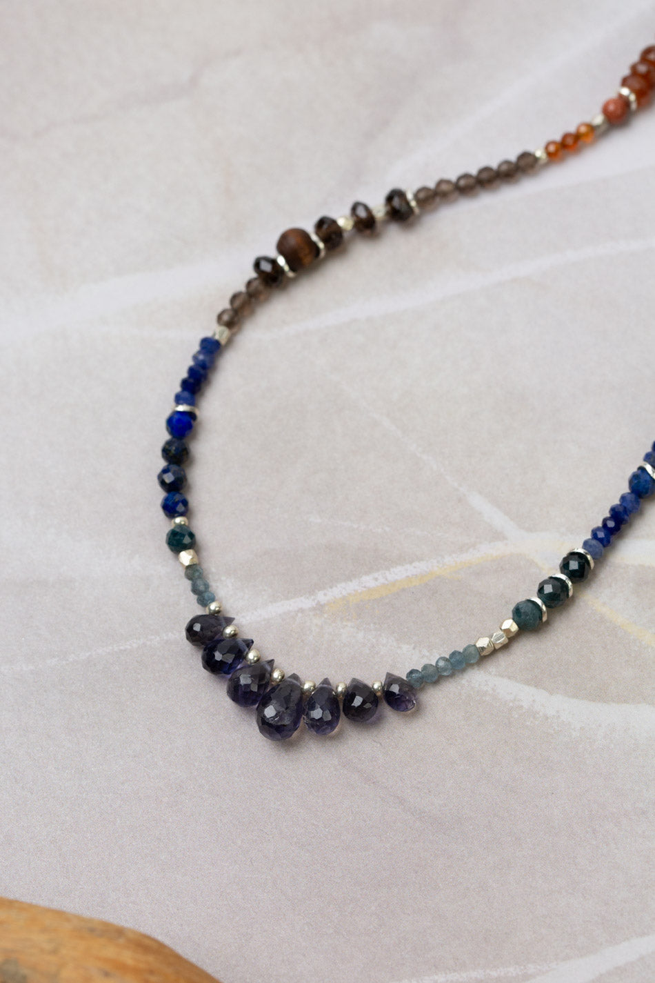 Limited Edition 16-18" Sapphire, Hessonite, Garnet, Lapis Lazuli With Iolite Droplet Briolettes Collage Necklace