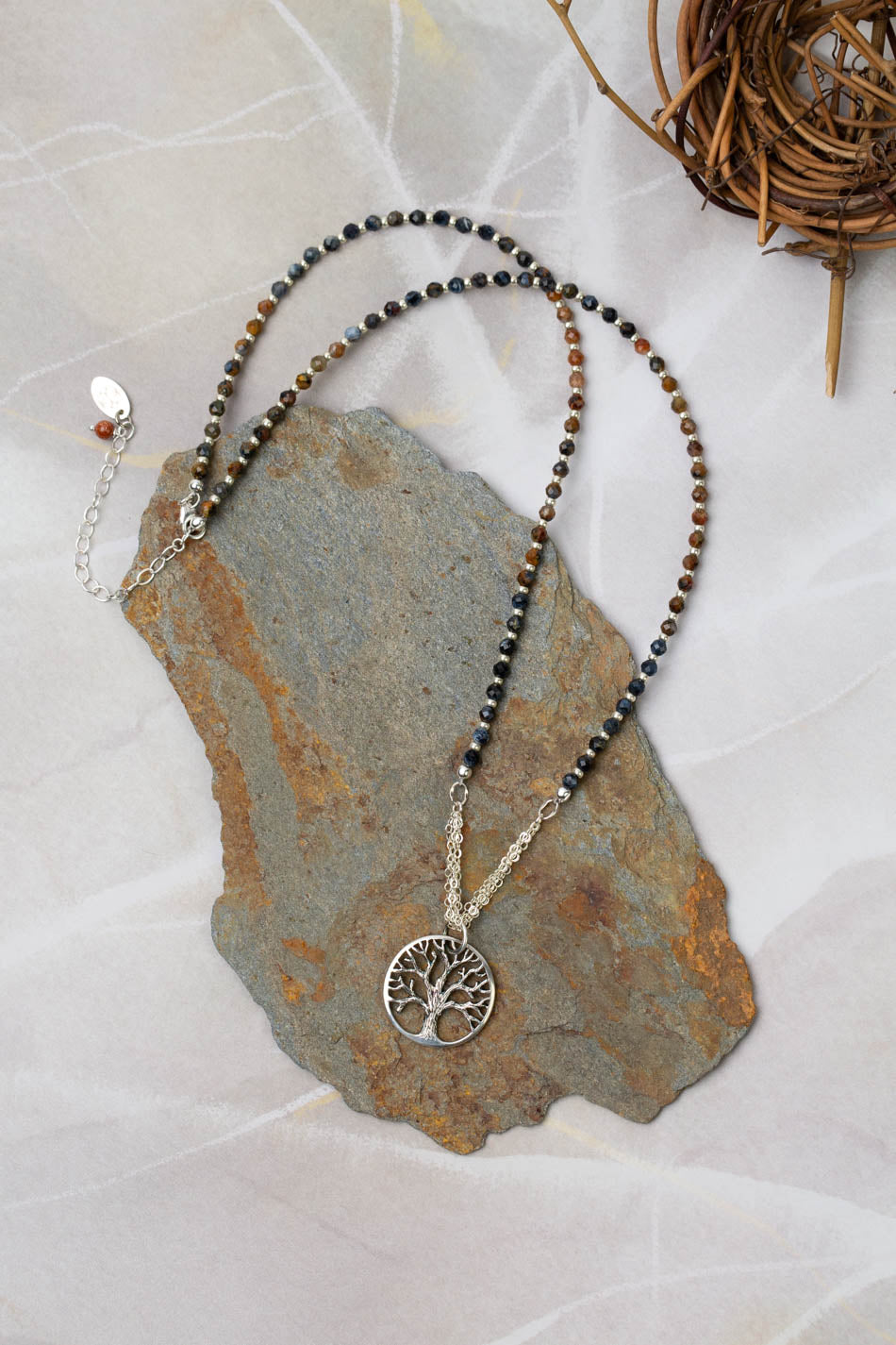 Limited Edition 20-22" Faceted Pietersite With Silver Tree Of Life Pendant Simple Necklace