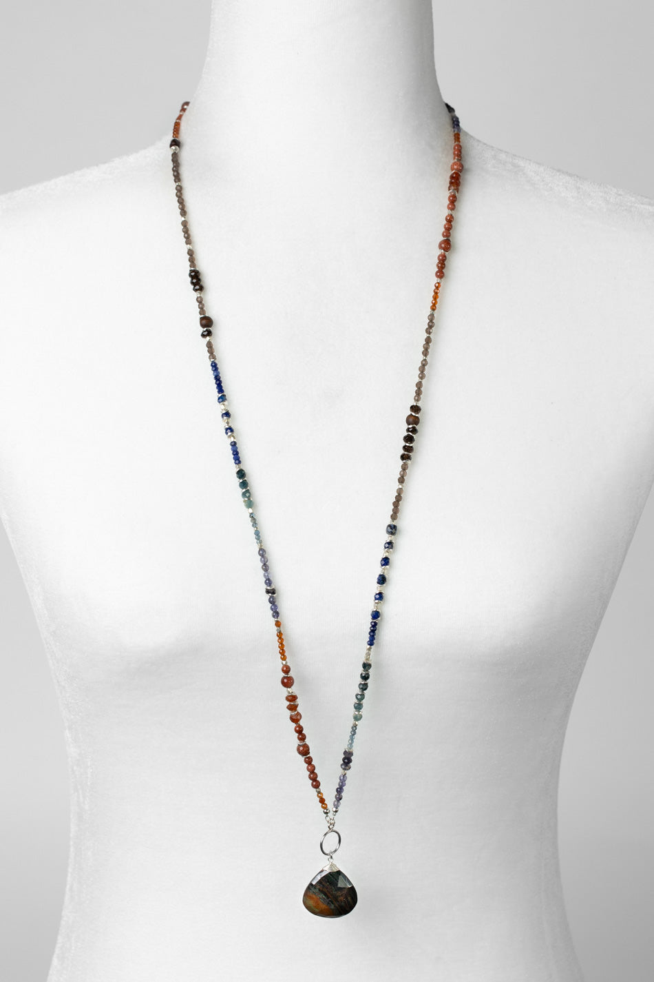Limited Edition 17.5 or 34" Hessonite Garnet, Lapis Lazuli, Sapphire With Large Pietersite Briolette Statement Necklace