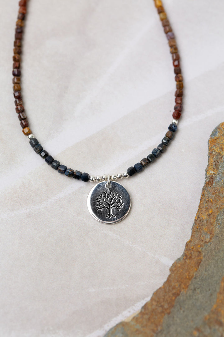 Limited Edition 17-19" Faceted Pietersite With Sterling Silver Stamped Tree Pendant Simple Necklace