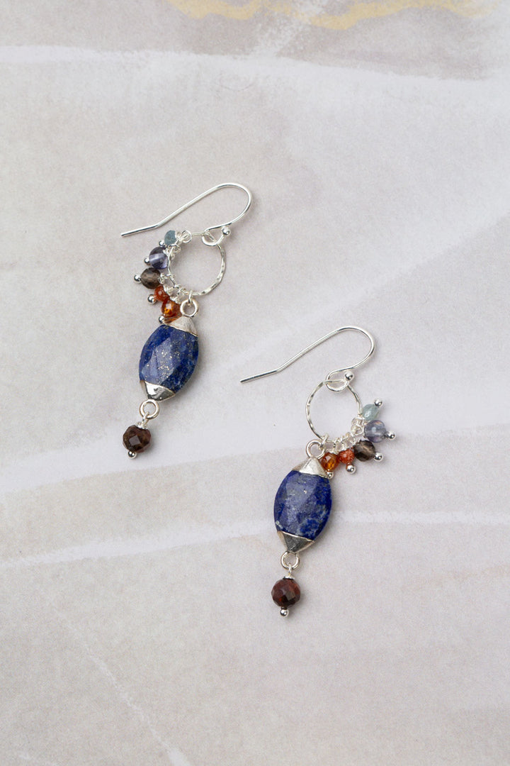 Limited Edition Pietersite, Goldstone, Smoky Quartz With Faceted Silver Plated Lapis Lazuli Statement Earrings