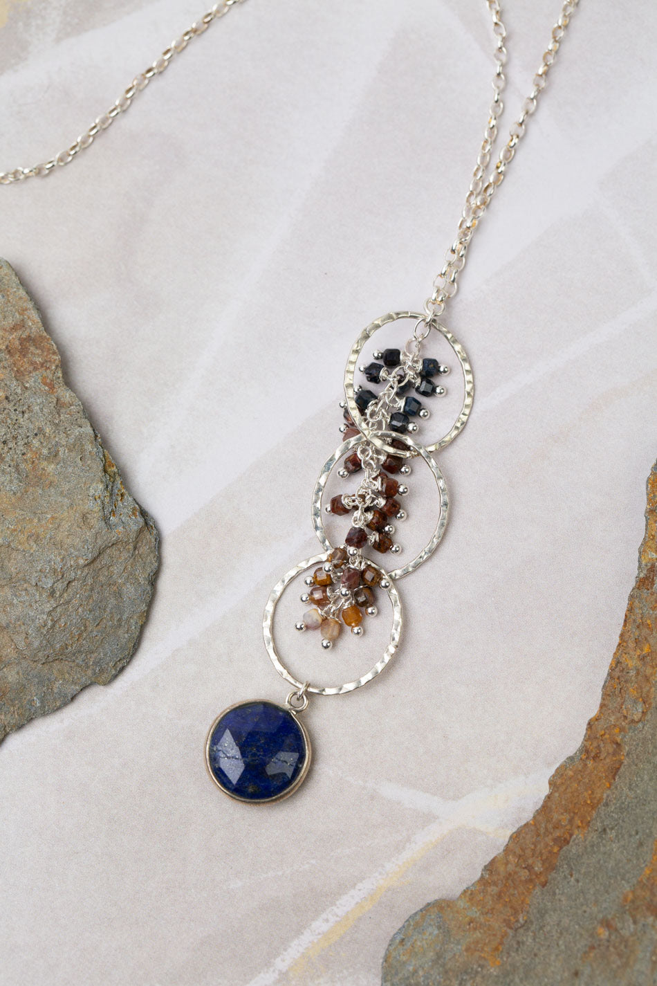 Limited Edition 22.5-24.5" Faceted Pietersite Dangles And Faceted Lapis Lazuli Coin Shaped Pendant Cluster Necklace