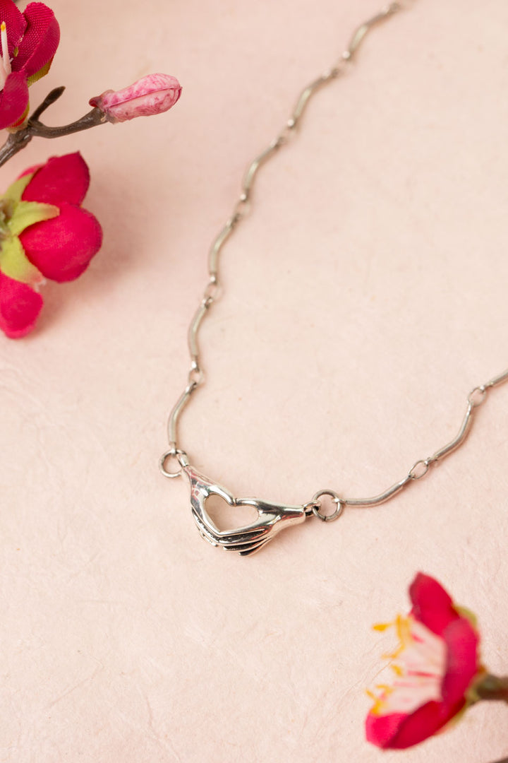 Leilani 15.75-17.75" Antique Silver Heart Hands Simple Necklace