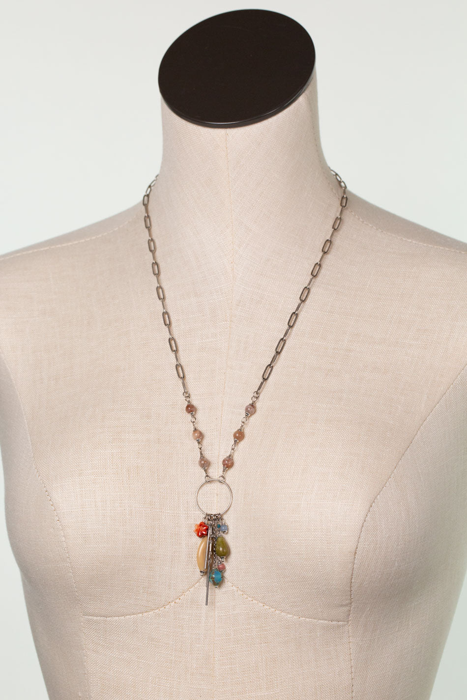 Leilani 23.5-25.5" Peach Moonstone, Olive Jade, Spiny Oyster Tassel Necklace