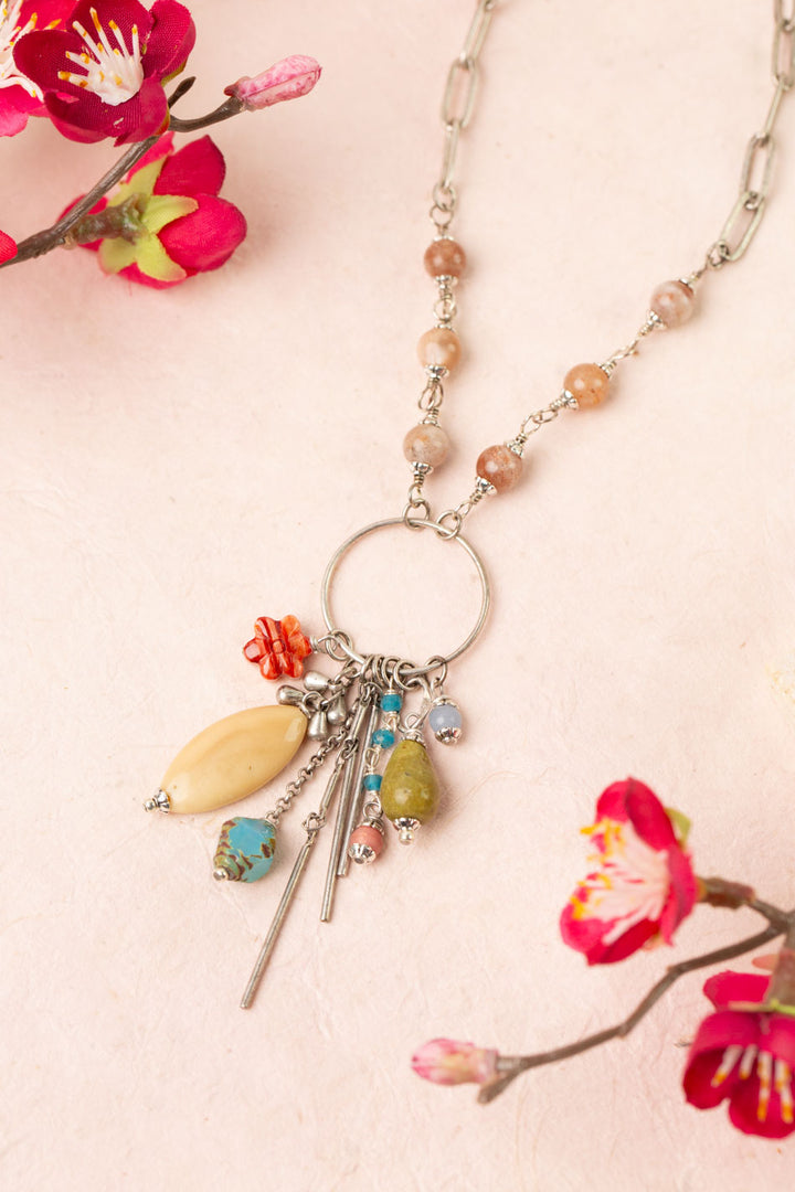 Leilani 23.5-25.5" Peach Moonstone, Olive Jade, Spiny Oyster Tassel Necklace