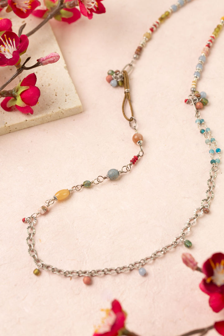Leilani 30.5-32.5" Peach Moonstone, Olive Jade, Neon Apatite Collage Necklace