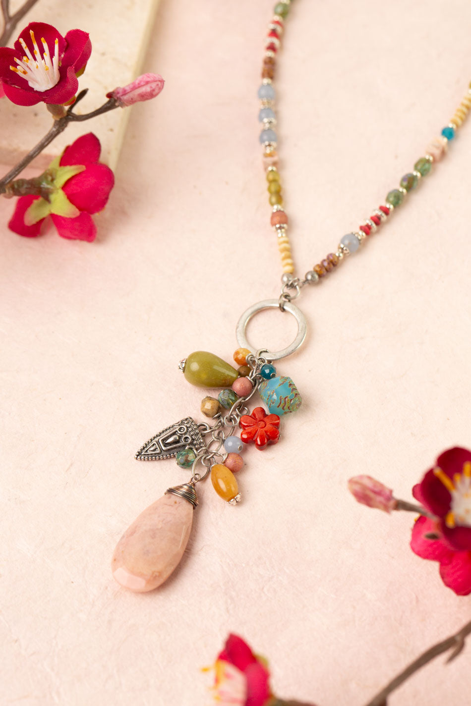 Leilani 23-25" Czech Glass, Chalcedony, Olive Jade Cluster Necklace