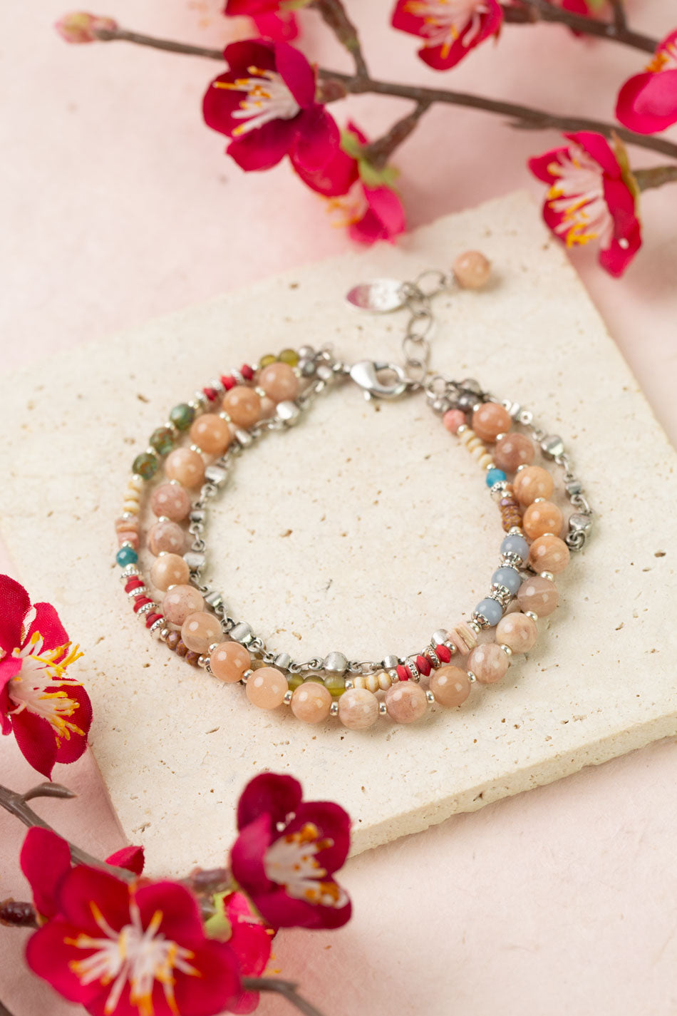 Leilani 7.5-8.5" Czech Glass, Peach Moonstone Multistrand Bracelet