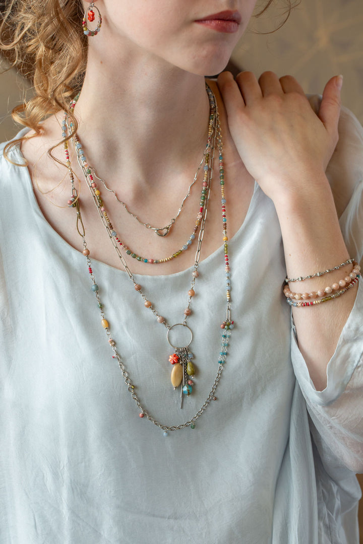 Leilani 30.5-32.5" Peach Moonstone, Olive Jade, Neon Apatite Collage Necklace
