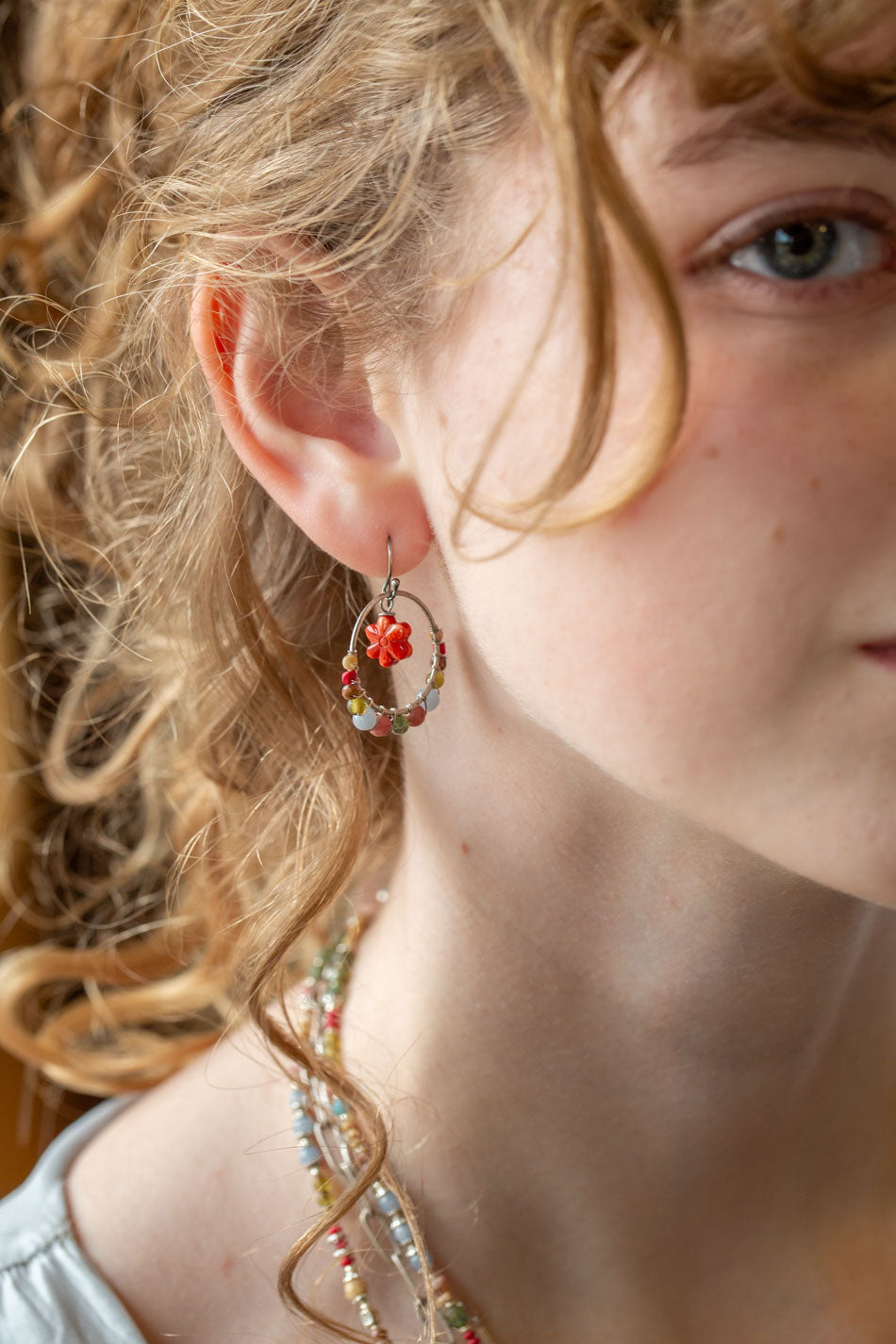 Leilani Chalcedony, Spiny Oyster Flower, Czech Glass Hoop Earrings