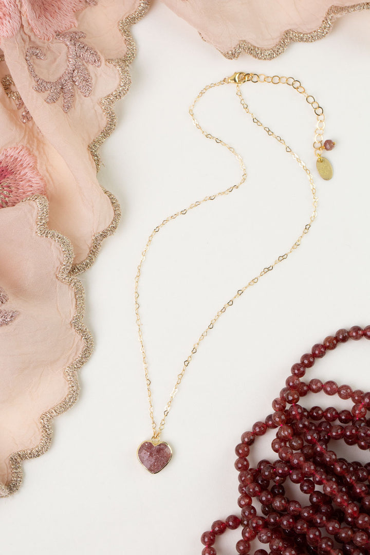 Love 15.5-17.5" Strawberry Quartz Heart Bezel Simple Necklace
