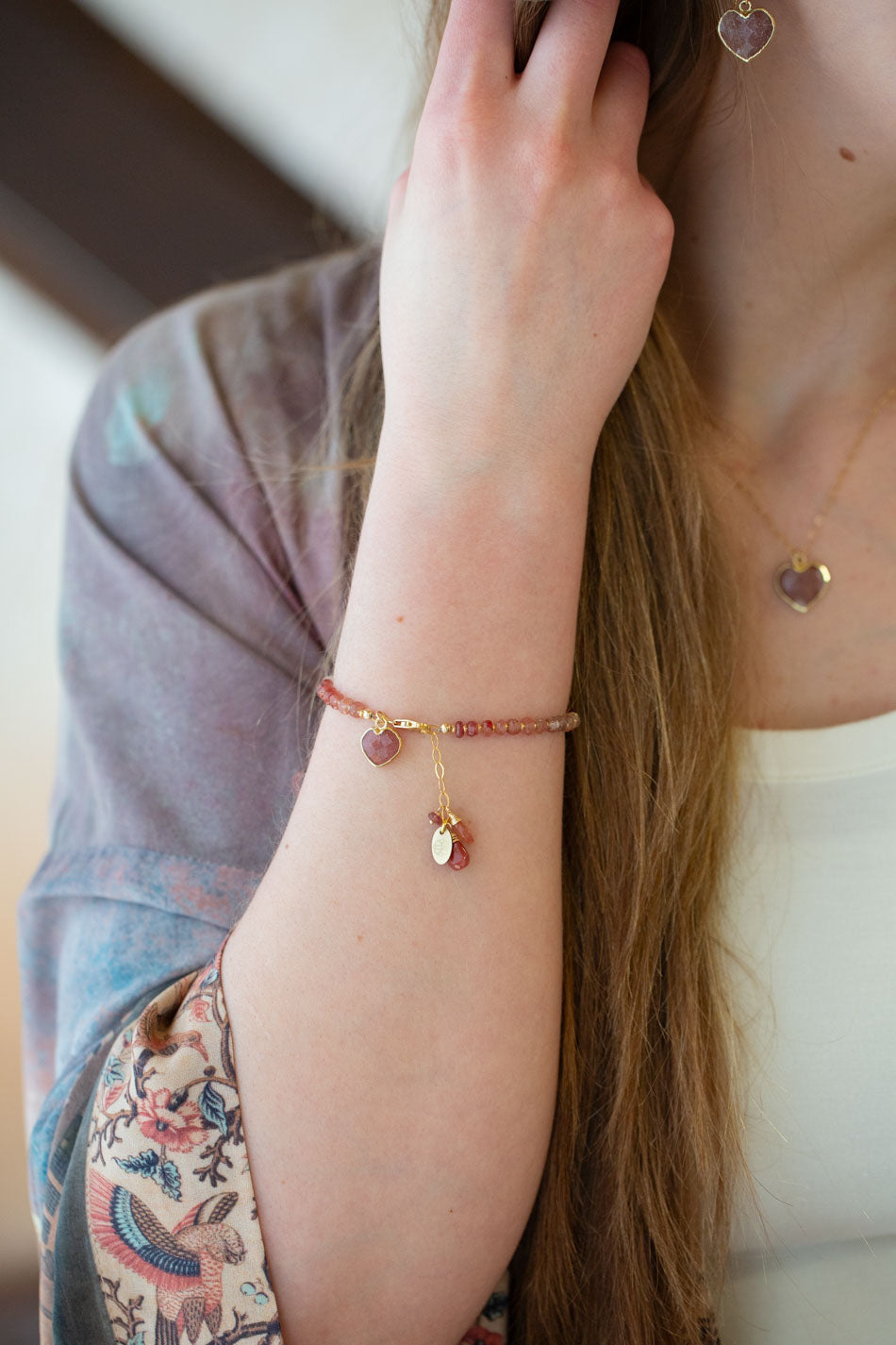 Love 7.5-8.5" Strawberry Quartz Heart Bezel Statement Bracelet