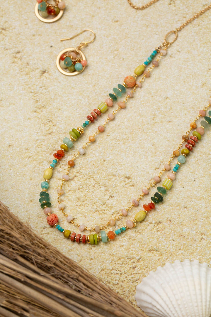 Mango Tango 24.5-26.5" Turquoise, Red Jasper, Amazonite Multistrand Necklace