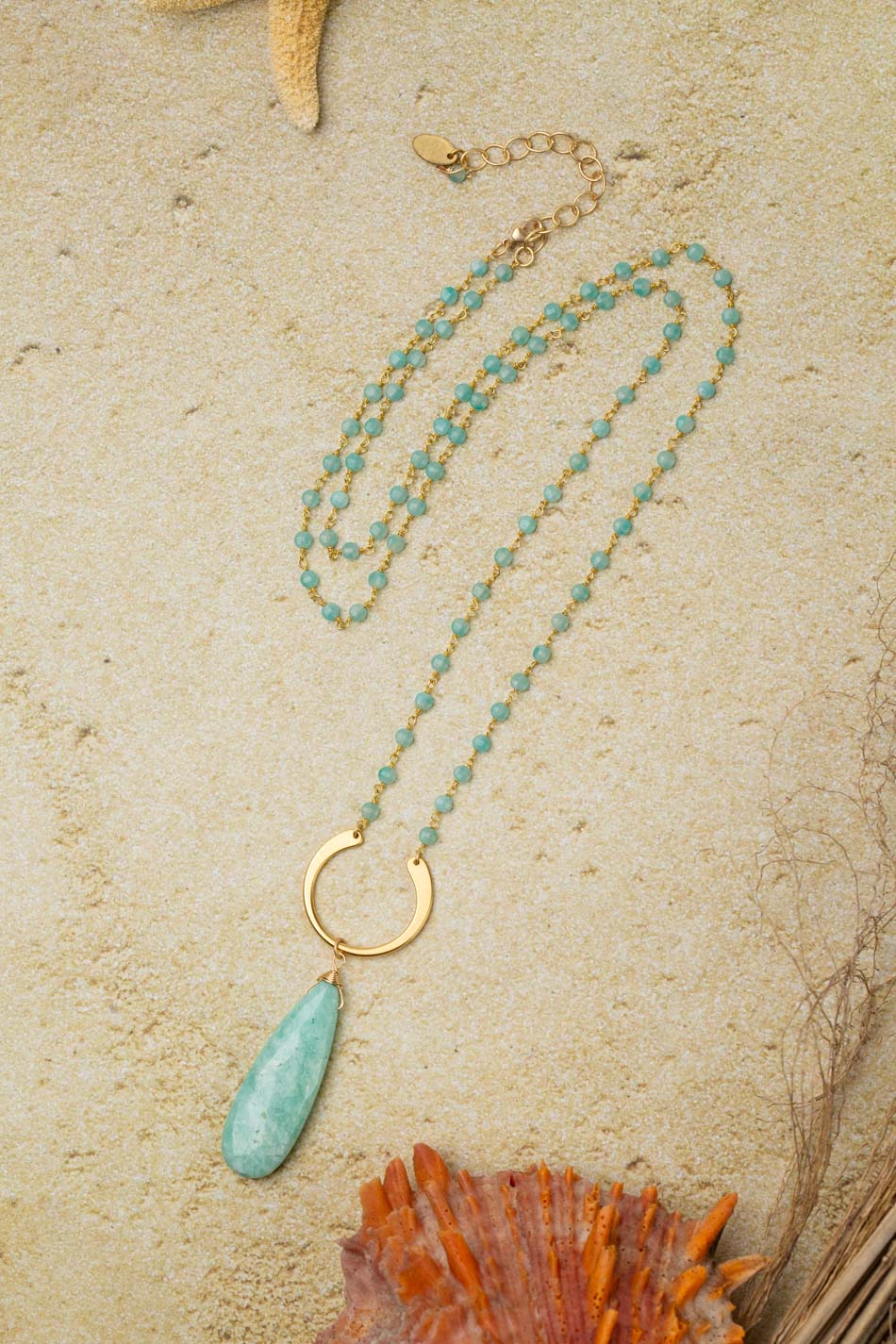 Mango Tango 28-30"  Matte Gold Plated Brass U Shape Focal With Amazonite Teardrop Briolette Statement Necklace