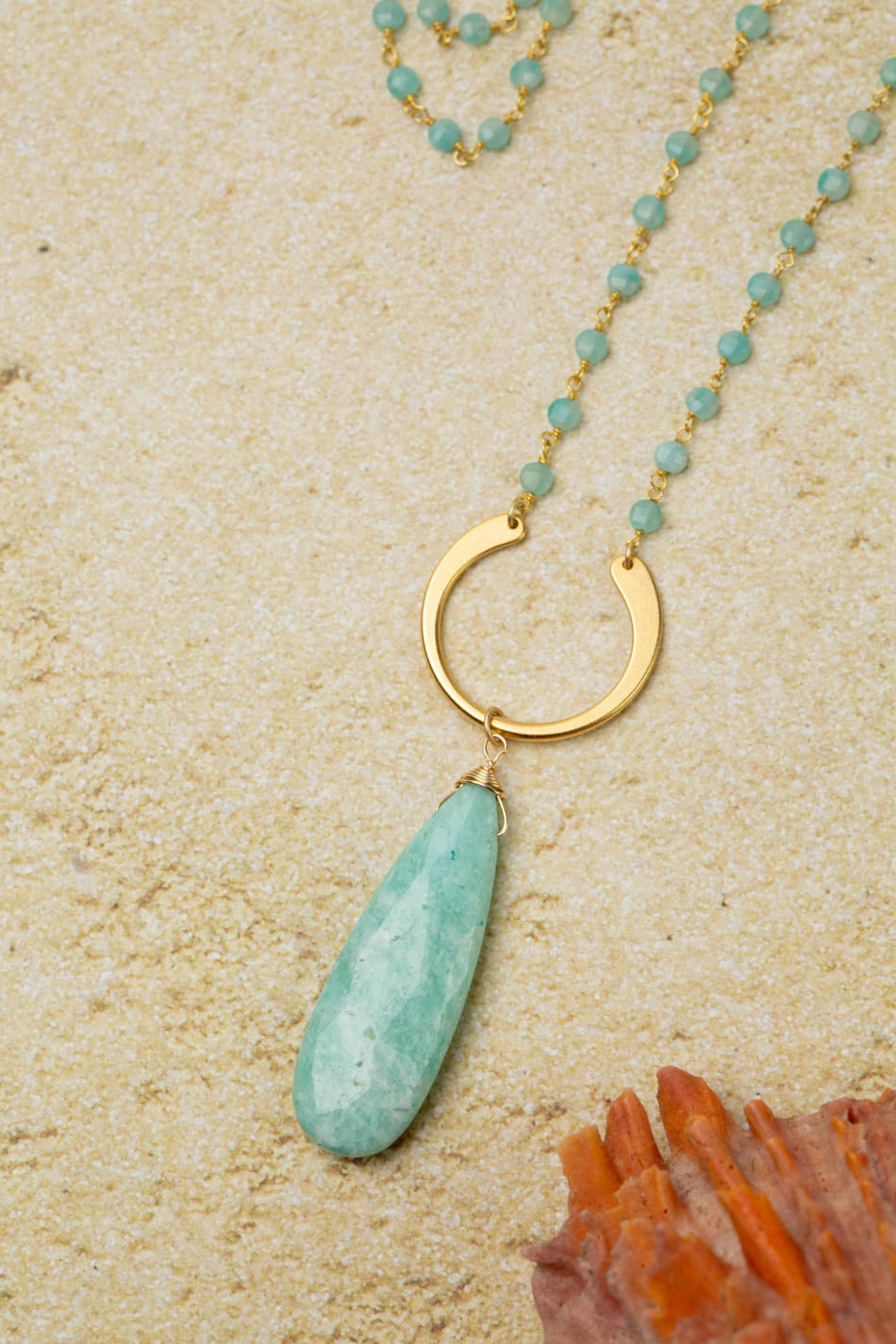 Mango Tango 28-30"  Matte Gold Plated Brass U Shape Focal With Amazonite Teardrop Briolette Statement Necklace