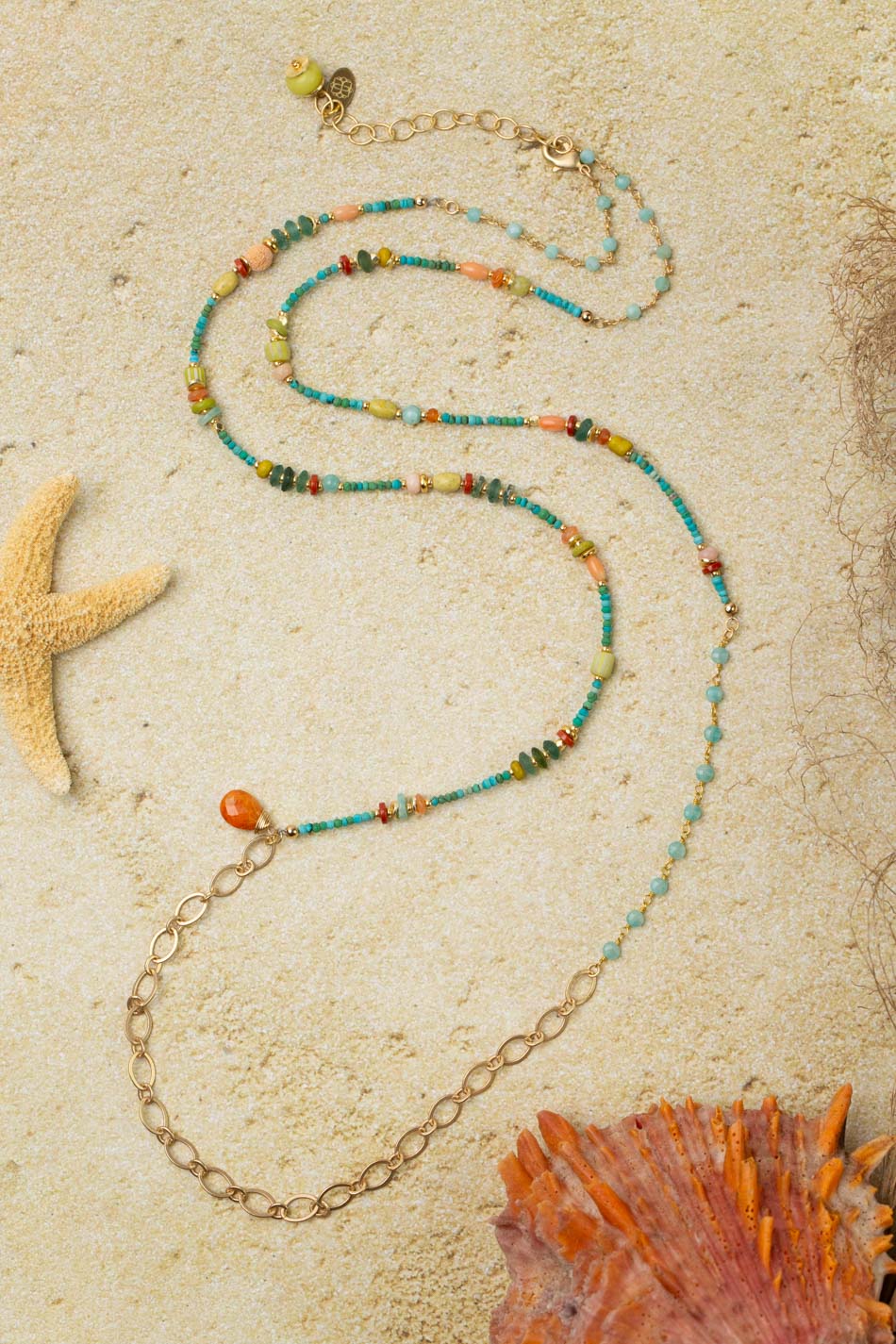 Mango Tango 36.5-38.5" Roman Glass, Carnelian, Red Jasper, Turquoise, Amazonite Collage Necklace