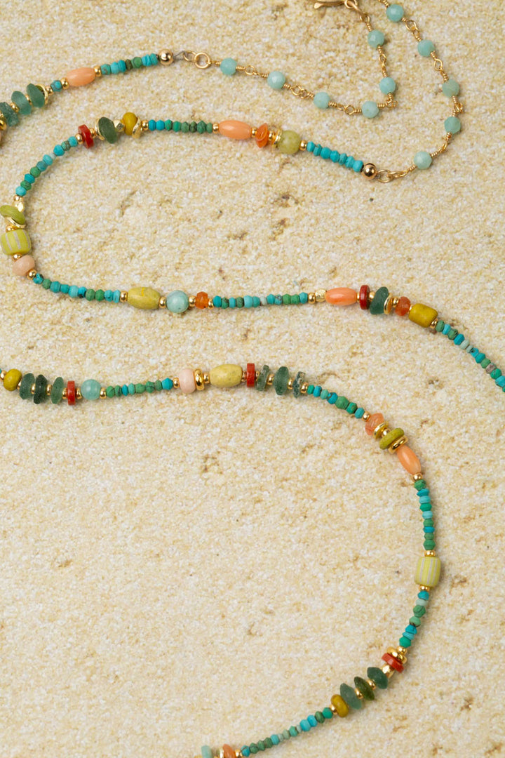 Mango Tango 36.5-38.5" Roman Glass, Carnelian, Red Jasper, Turquoise, Amazonite Collage Necklace