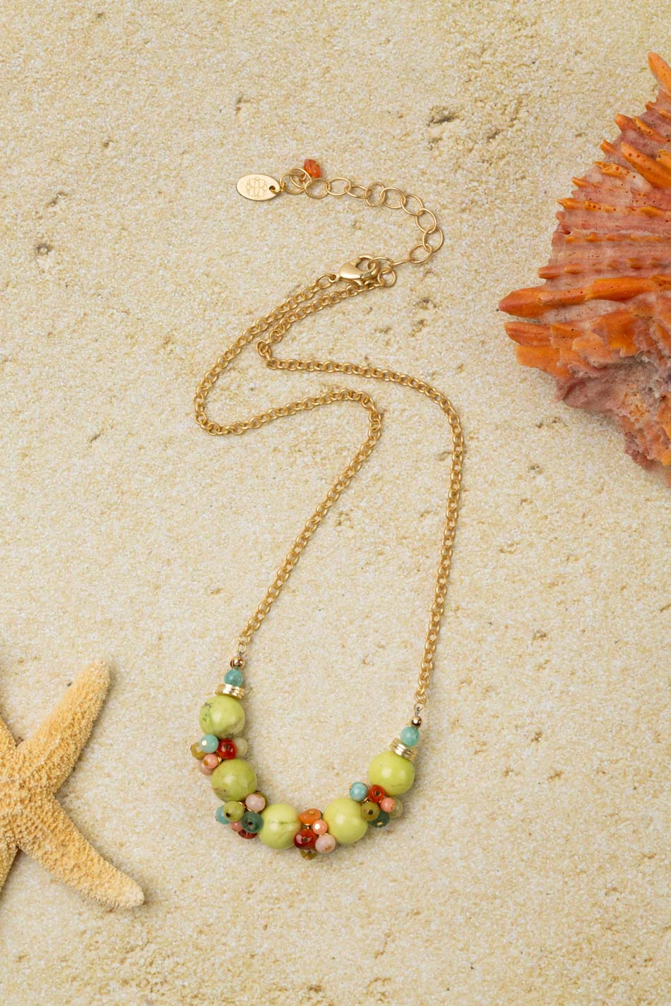 Mango Tango 16-18" Lime Green Howlite With Amazonite, Carnelian, Opal, Roman Glass, And Jade Cluster Necklace