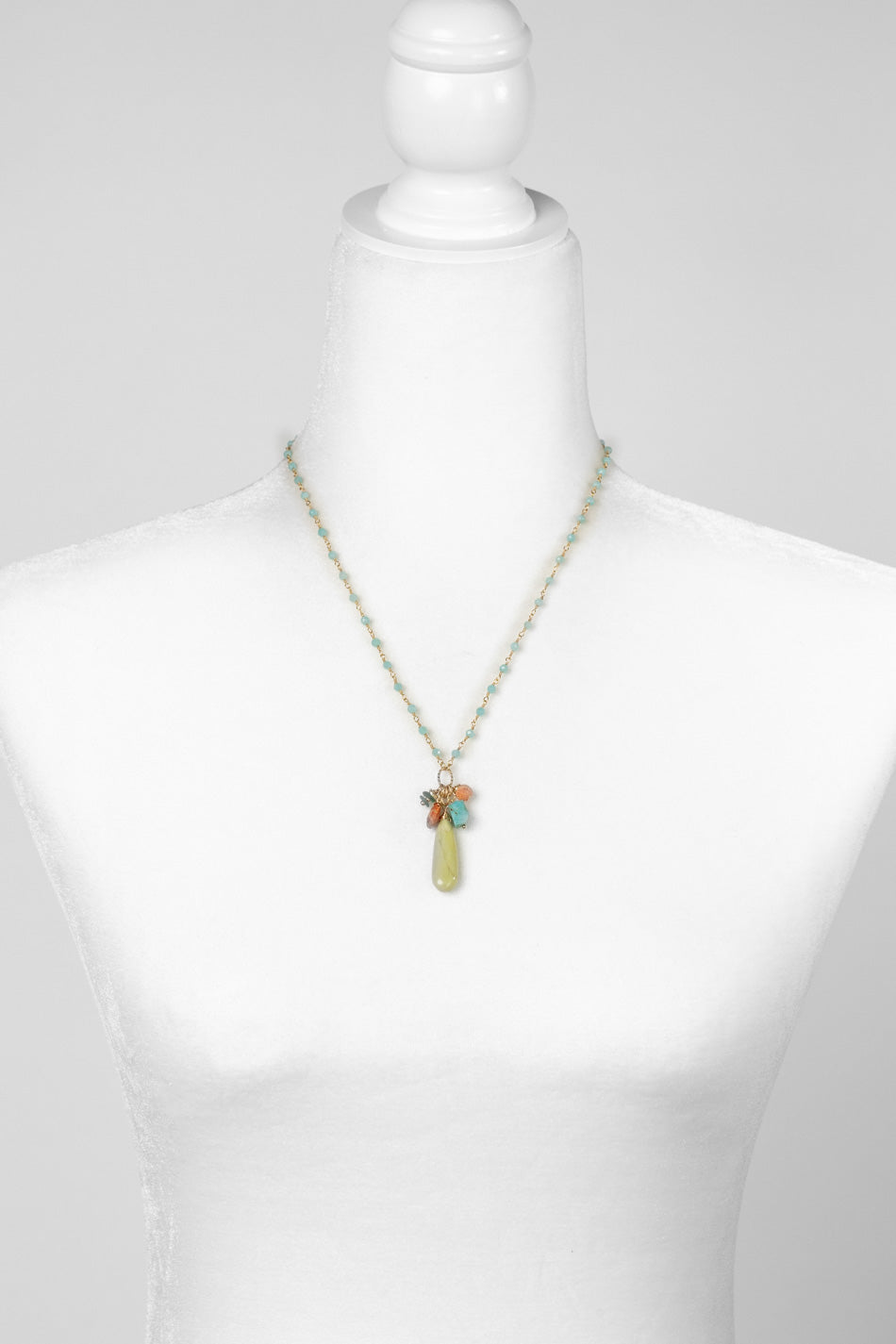 Mango Tango 18-20" Lime Green Howlite Teardrop Briolette With Turquoise, Amazonite, Roman Glass Cluster Necklace