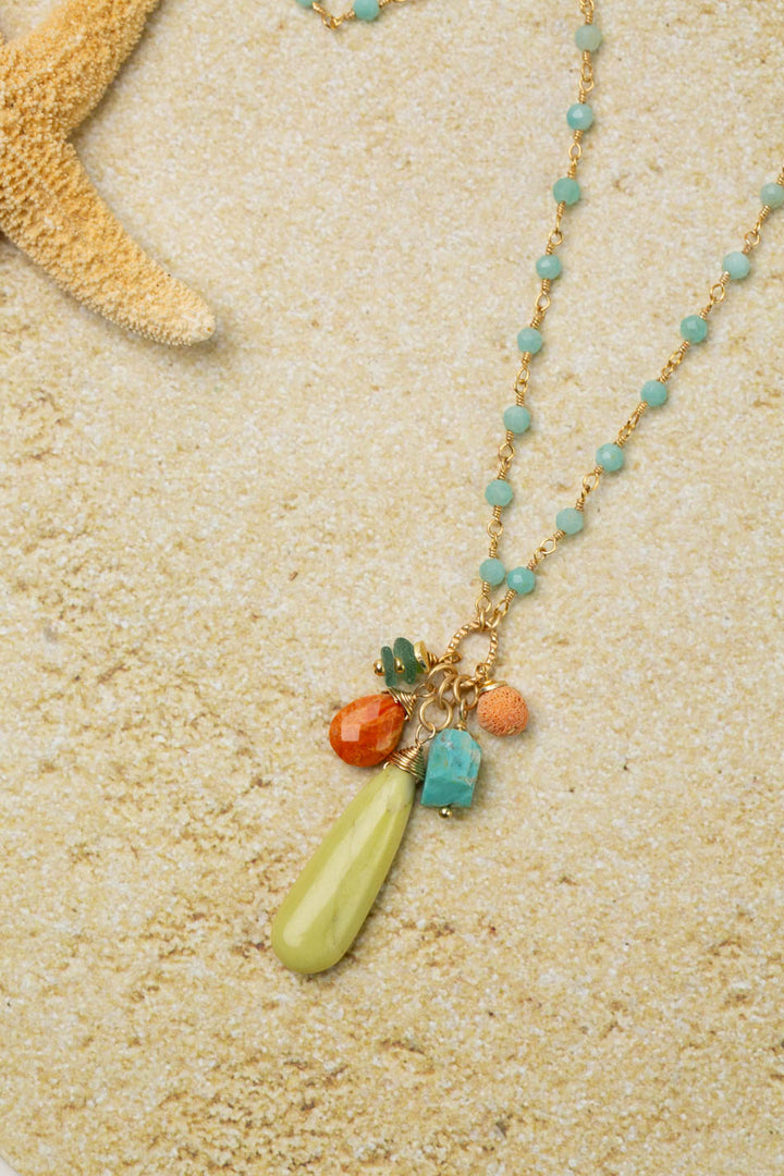 Mango Tango 18-20" Lime Green Howlite Teardrop Briolette With Turquoise, Amazonite, Roman Glass Cluster Necklace