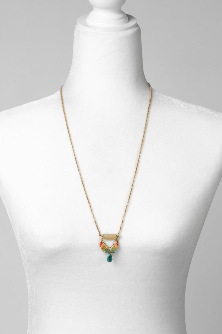 Mango Tango 28-30" Matte Calcite With Roman Glass, Green Howlite, And Turquoise Charm Cluster Necklace