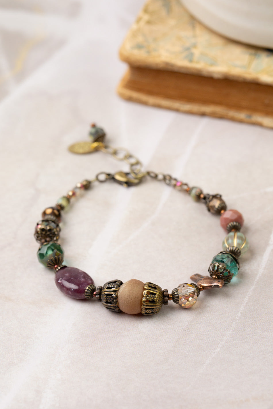 Mauve Mix 7.75-8.75" Czech Glass, Druzy, Lepidolite Quartz Simple Bracelet