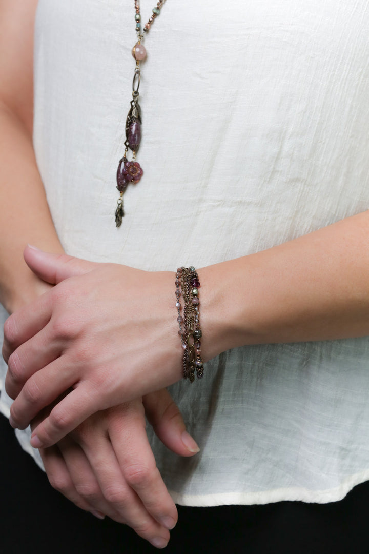 Mauve Mix 7.5-8.5" Czech Glass Crystal Lepidolite Quartz Multistrand Bracelet