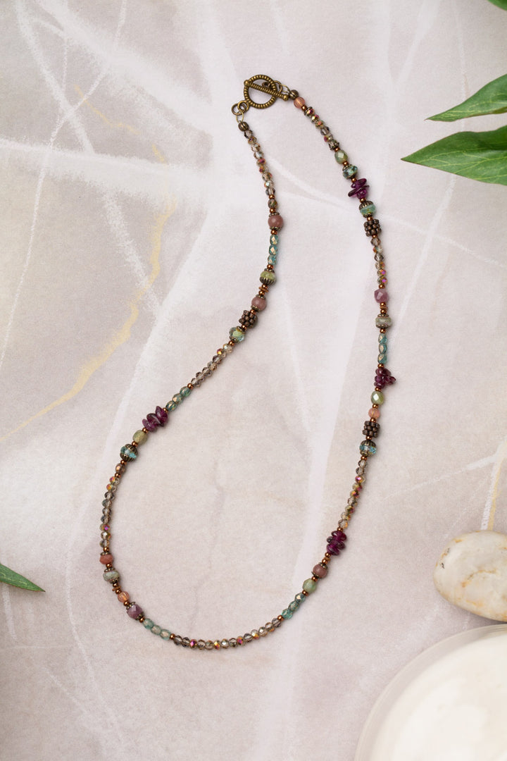 Mauve Mix 16.5" Garnet, Czech Glass, Lepidolite, Strawberry Quartz Collage Necklace